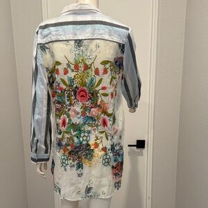 Aratta Light Blue and White Striped Button-Up floral embroidery on the back.